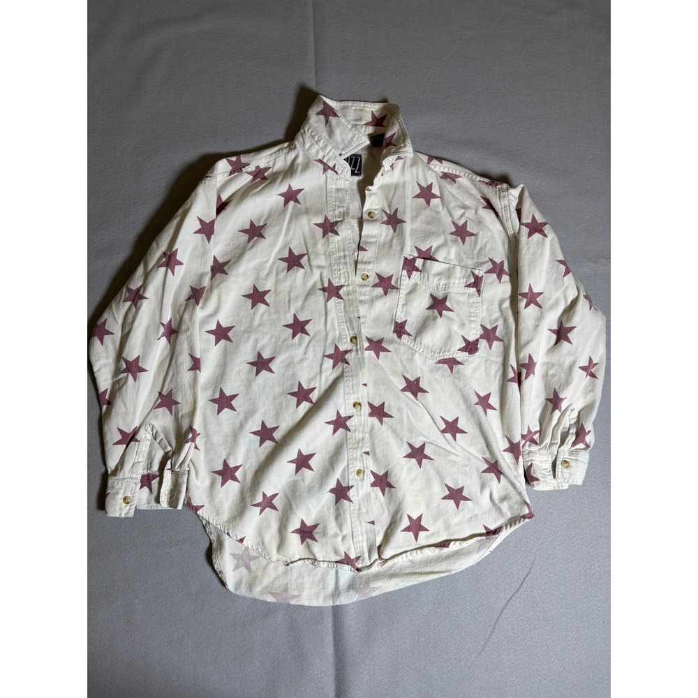Vintage Quizz New York Star Print Cotton Button Down Shirt Mens Large Cream Red